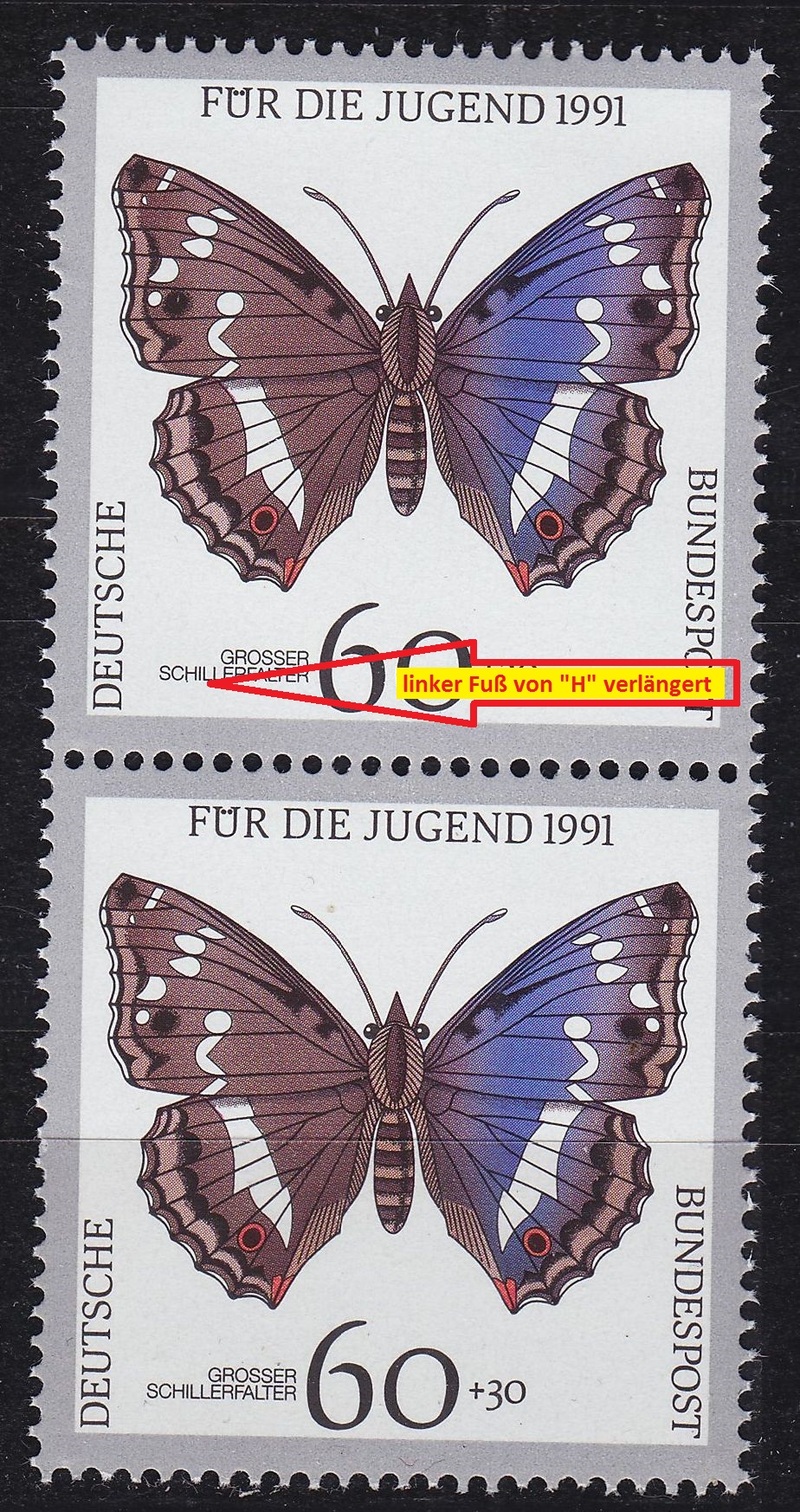Buy GERMANY BUND [1991] MiNr 1514 F07 2er ( **/mnh ) [01] Schmetterlinge Plattenfehler